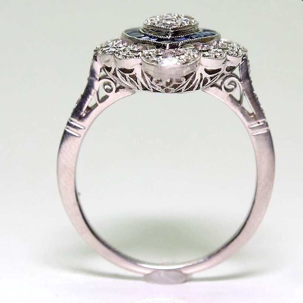Silver Antique Art Deco Vintage Victorian Blue White Sapphire Topaz Ring size 5 - Picture 5 of 7